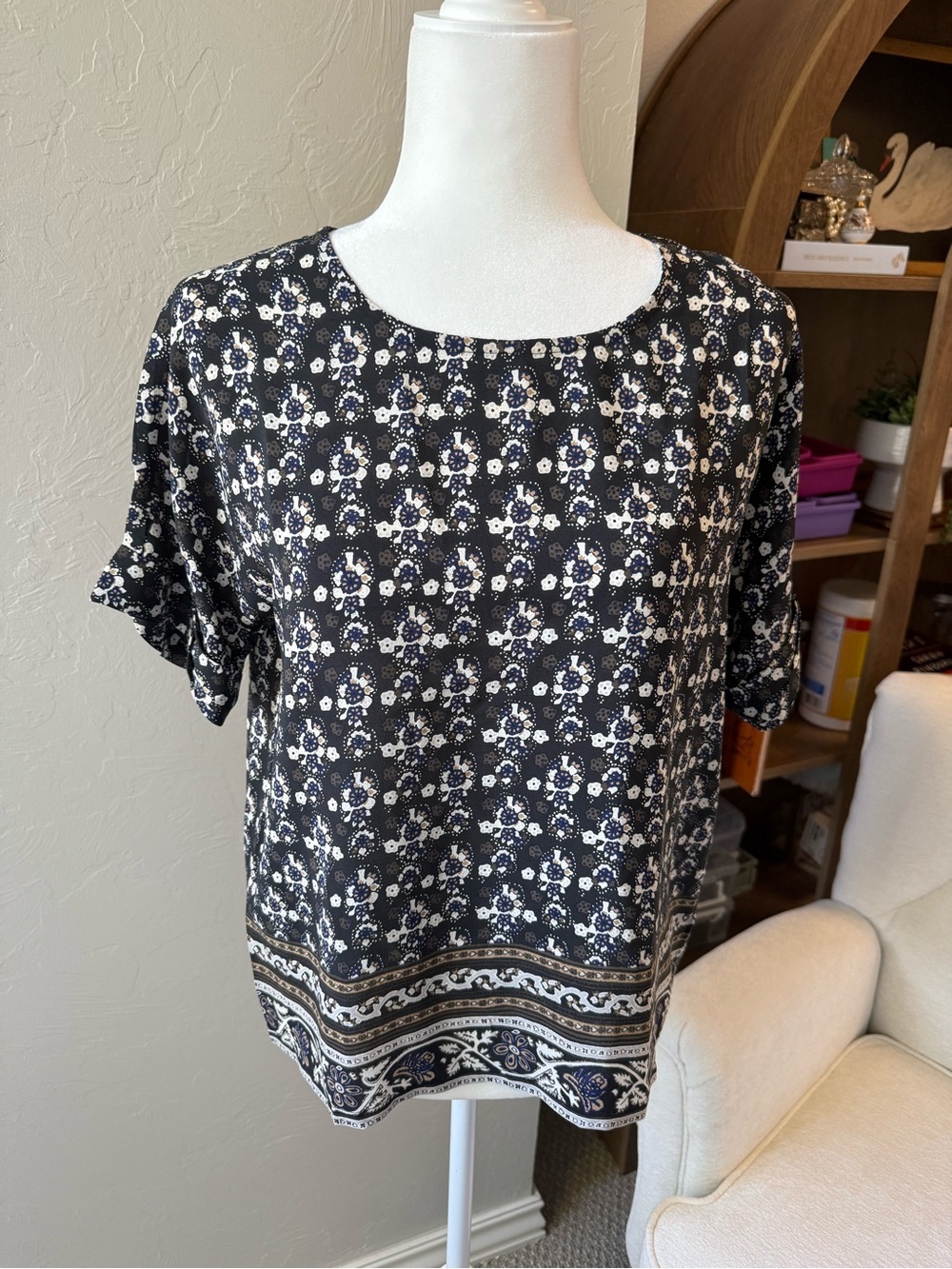 Madewell 100% Silk Floral Paisley Border Print Blouse Black Small